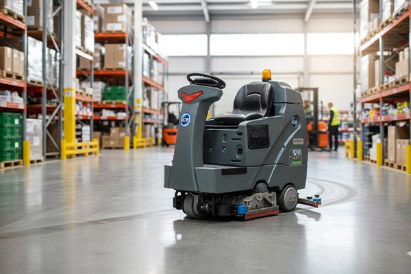 Robotschoonmaakmachine in magazijn voor efficiënte logistiek en hygiëne.