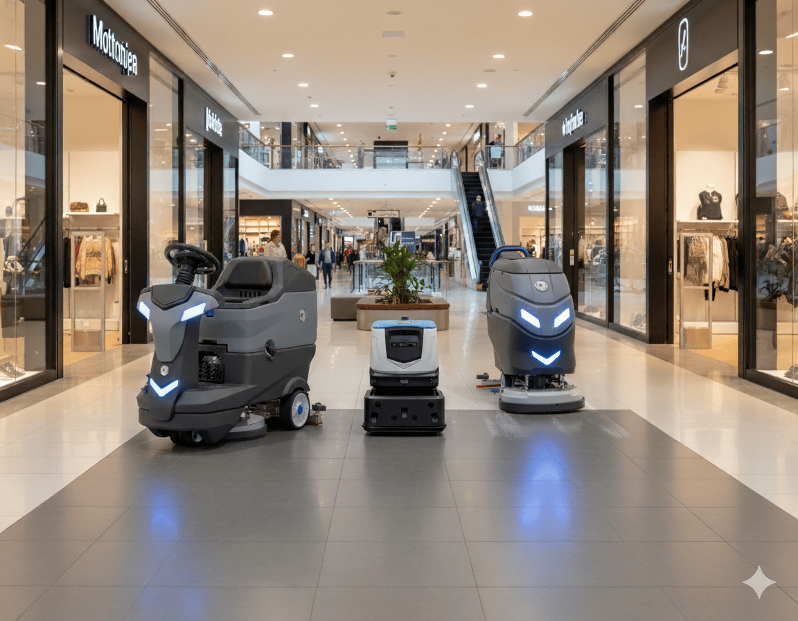 Autonoom schoonmaakrobot en robotstofzuiger in winkelcentrum voor efficiënte schoonmaak met ICE Cobotics technologie.